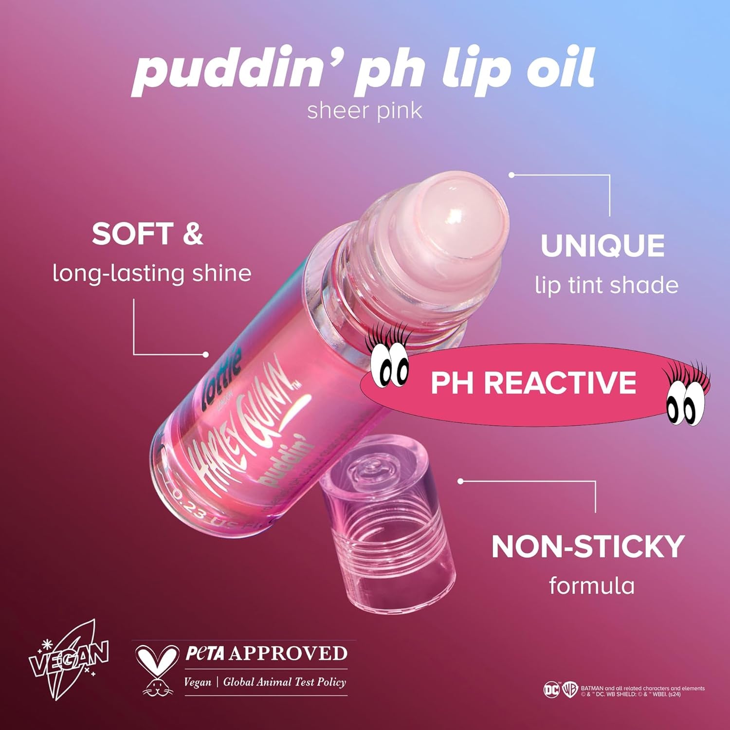 X Harley Quinn Puddin’ Ph Color Changing Lip Oil in Pink, Nourishing Lip Oil to Adapt to the Natural Ph in Your Lips for a Unique Flush of Color