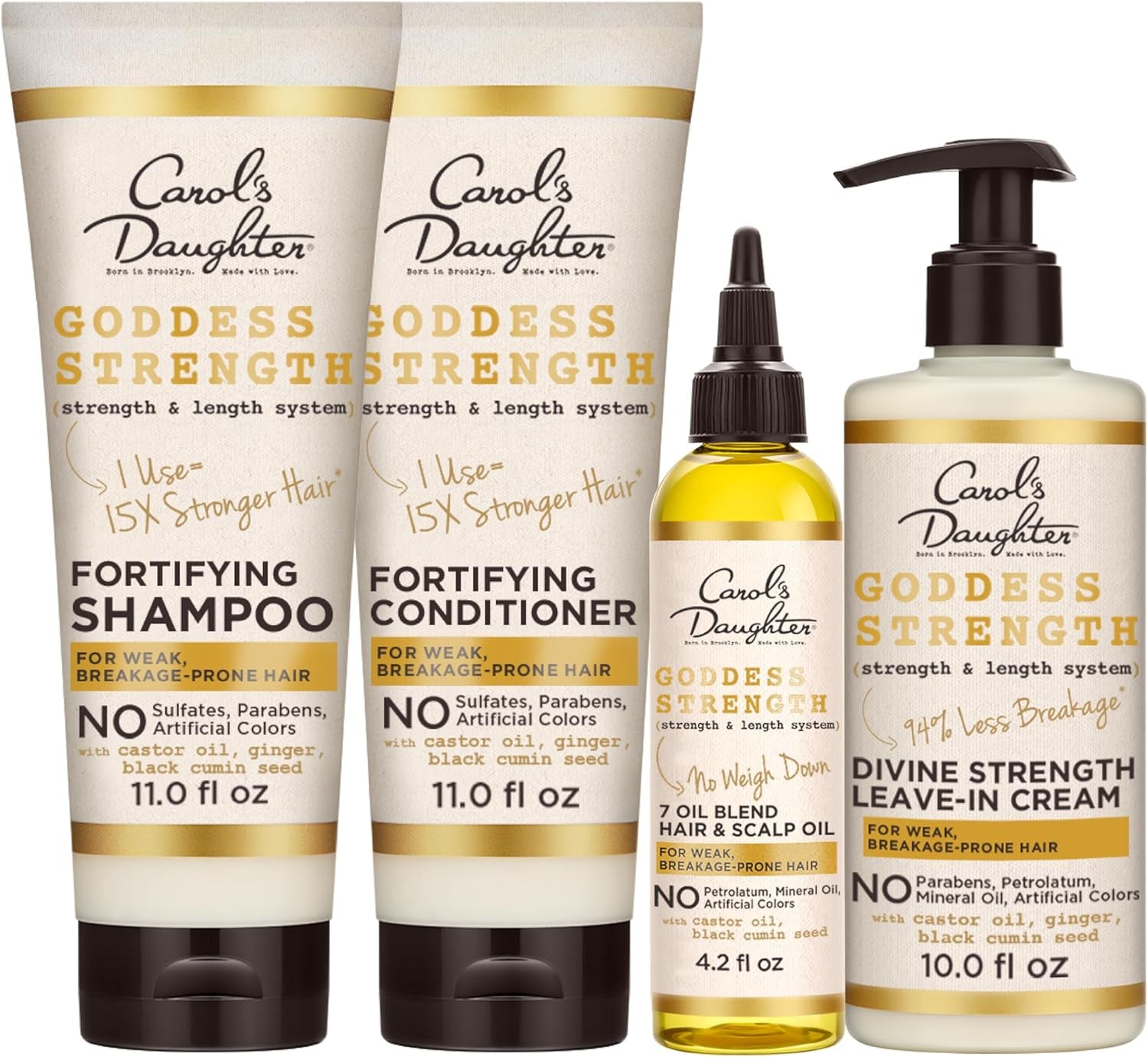 Goddess Strength Sulfate Free Shampoo, Hair Conditioner, Leave in Conditioner & Hair Treatment Oil Made with Castor Oil (4 Products)