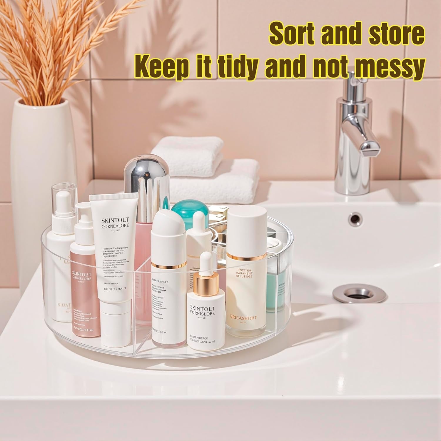 360° Rotating Makeup Organizer, Adjustable Acrylic Cosmetic Storage, Cosmetic Organisers and Spinning Makeup Stand for Beauty Skincare