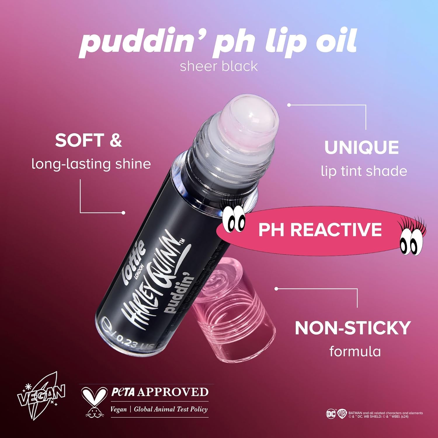 X Harley Quinn Puddin’ Ph Color Changing Lip Oil in Black, Nourishing Lip Oil to Adapt to the Natural Ph in Your Lips for a Unique Flush of Color