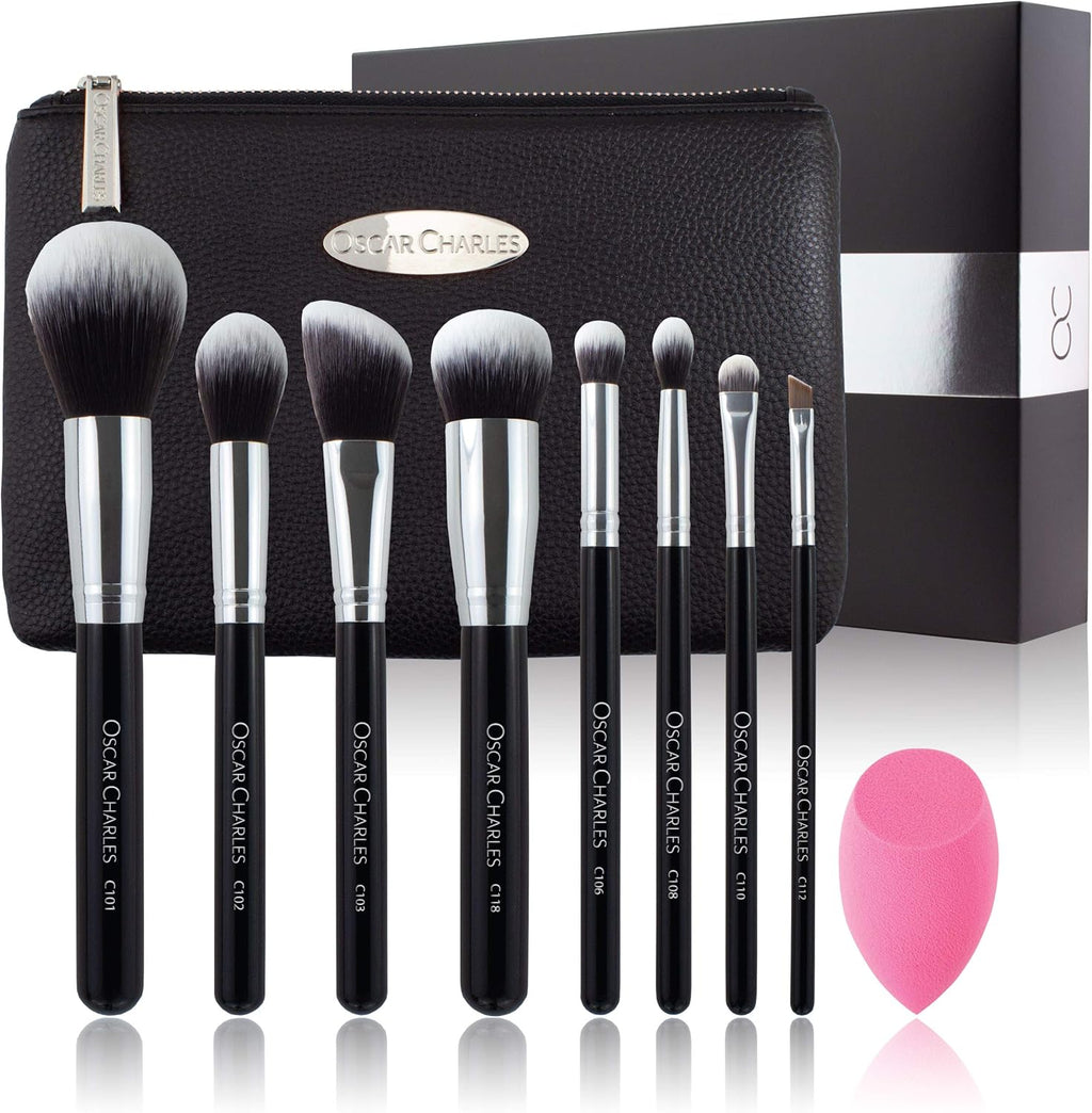 8-Piece Professional Makeup Brush Set with Beauty Sponge and Luxury Clutch Cosmetic Bag and Beautiful Gift Box - Silver