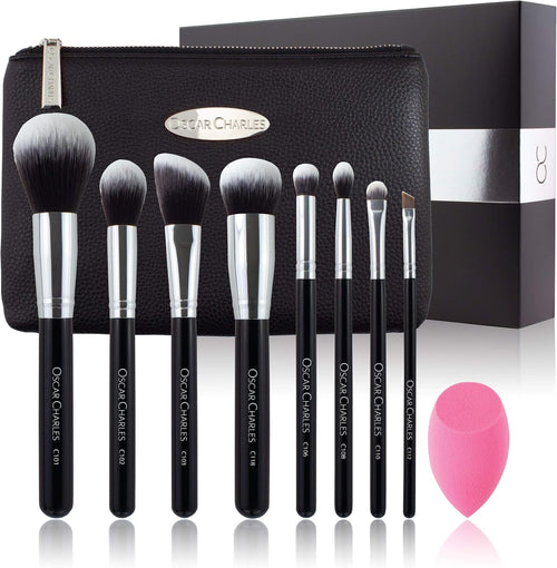 8-Piece Professional Makeup Brush Set with Beauty Sponge and Luxury Clutch Cosmetic Bag and Beautiful Gift Box - Silver