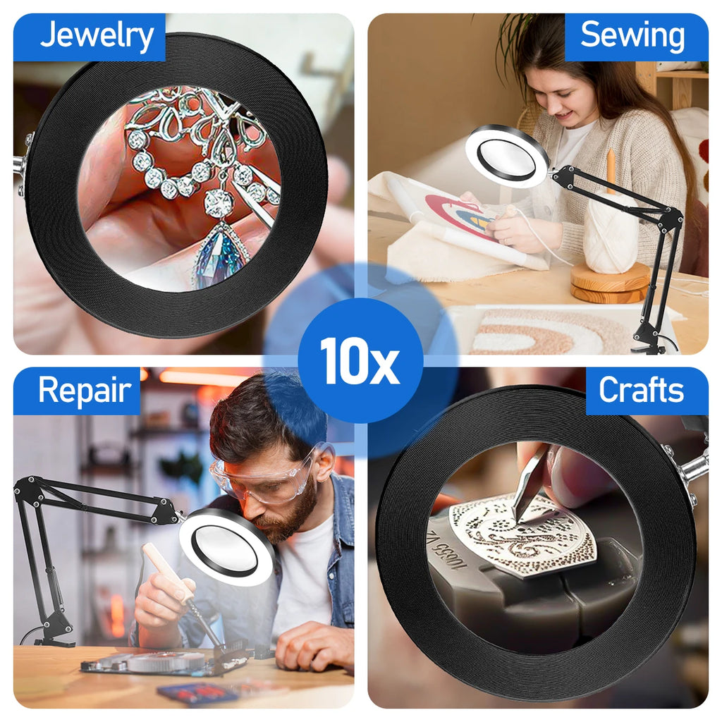 10X LED Magnifier Desk Lamp with Light and Clamp, 3 Color Modes Adjustable Swivel Arm- Magnifying Lamp for Close Work Reading