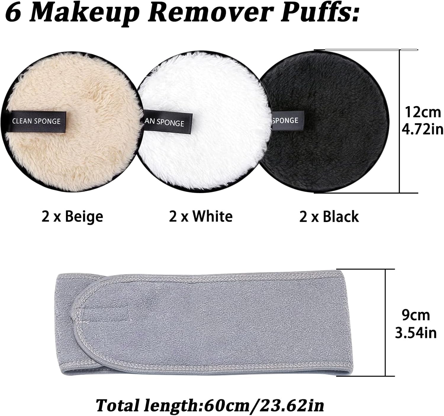 Reusable Makeup Remover Pads - 7 Pack Large Double Sided Face & Eye Cleansing Pads with Spa Headbands - Washable Microfibre Cotton for All Skin Types