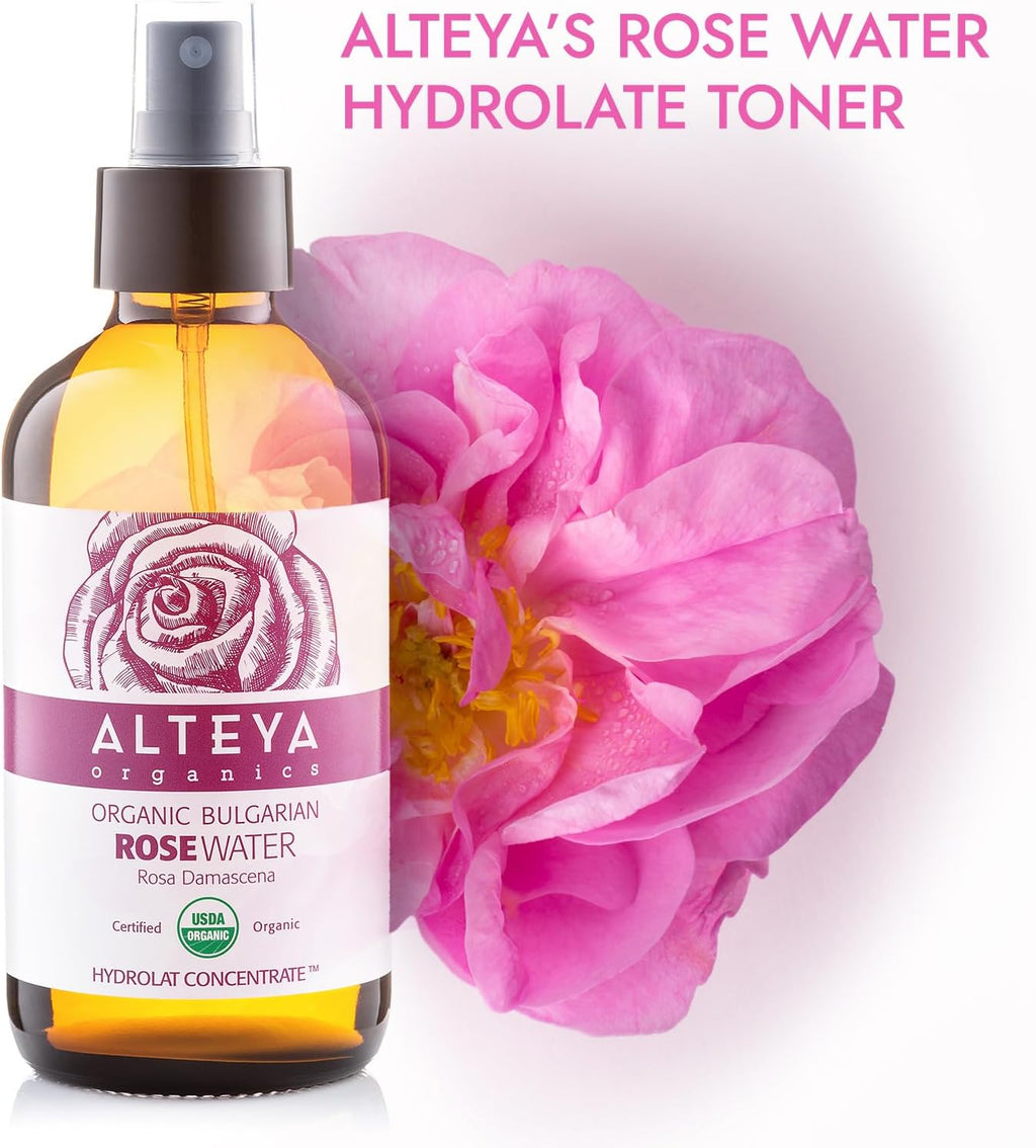 Alteya Organic Rose Water Spray 120Ml Glass - Pure Organic Rosa Damascena (Damask Rose) Hydrolat - USDA Certified Organic - Face Toner, Revitalizing Body, Condition Hair & Scalp