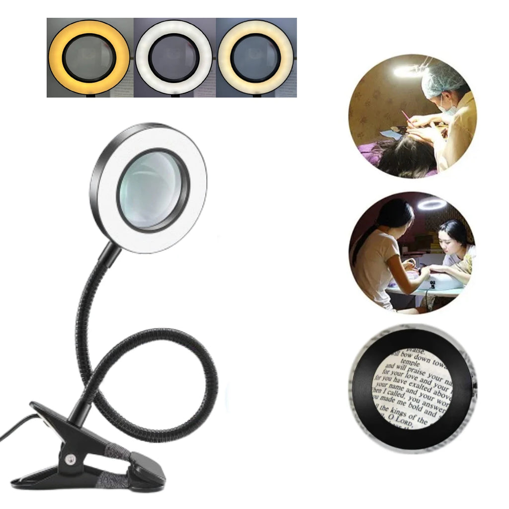 5X/10X New Luminous Magnifying Glass USB 3-Color LED Desk Lamp, Used for Soldering Iron Repair/Desk Lamp/Skincare and Beauty