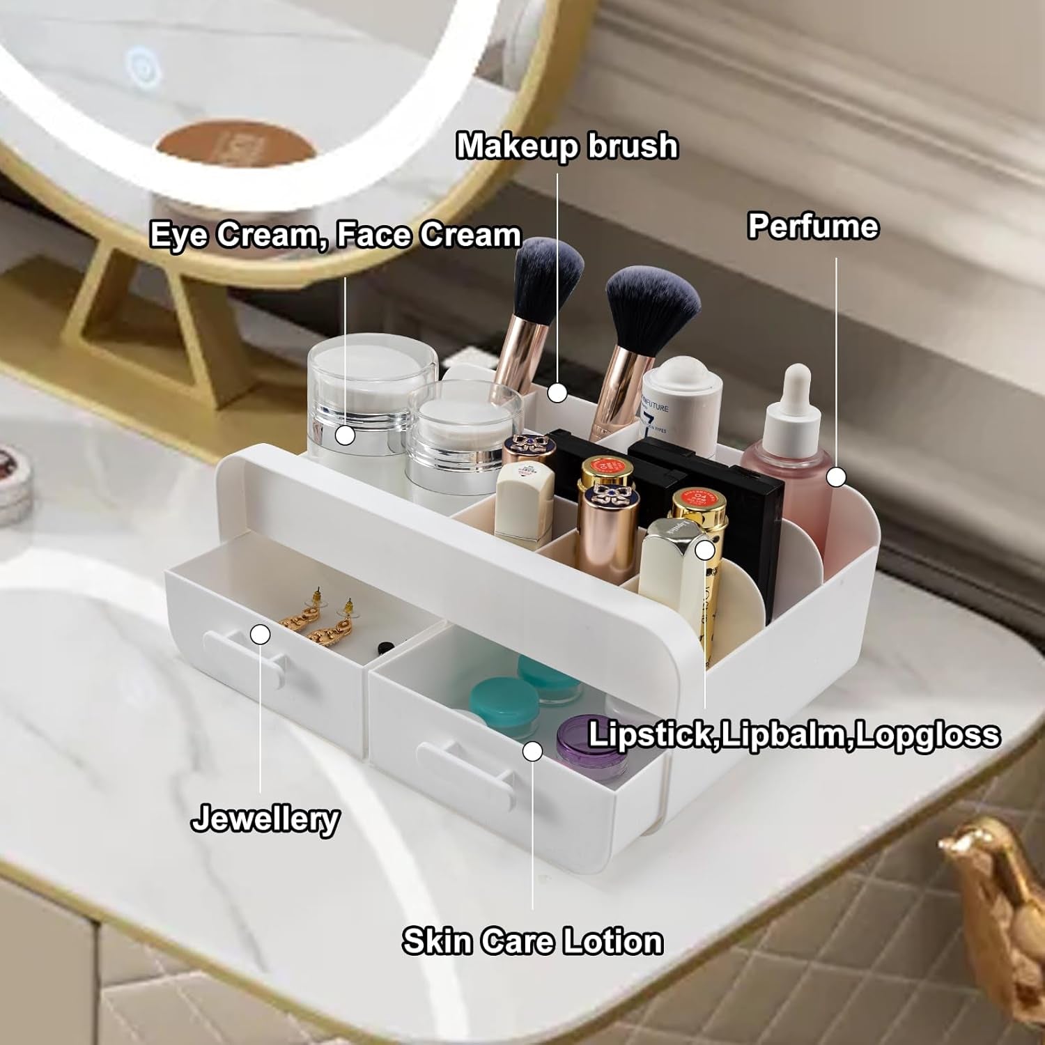 Makeup Organiser Makeup Organiser Storage Box Plastic Skincare Organiser White Make up Organiser Countertop Makeup Organizer Storage Drawers for Beauty Skincare Lotions Lipstick Jewellery (White)