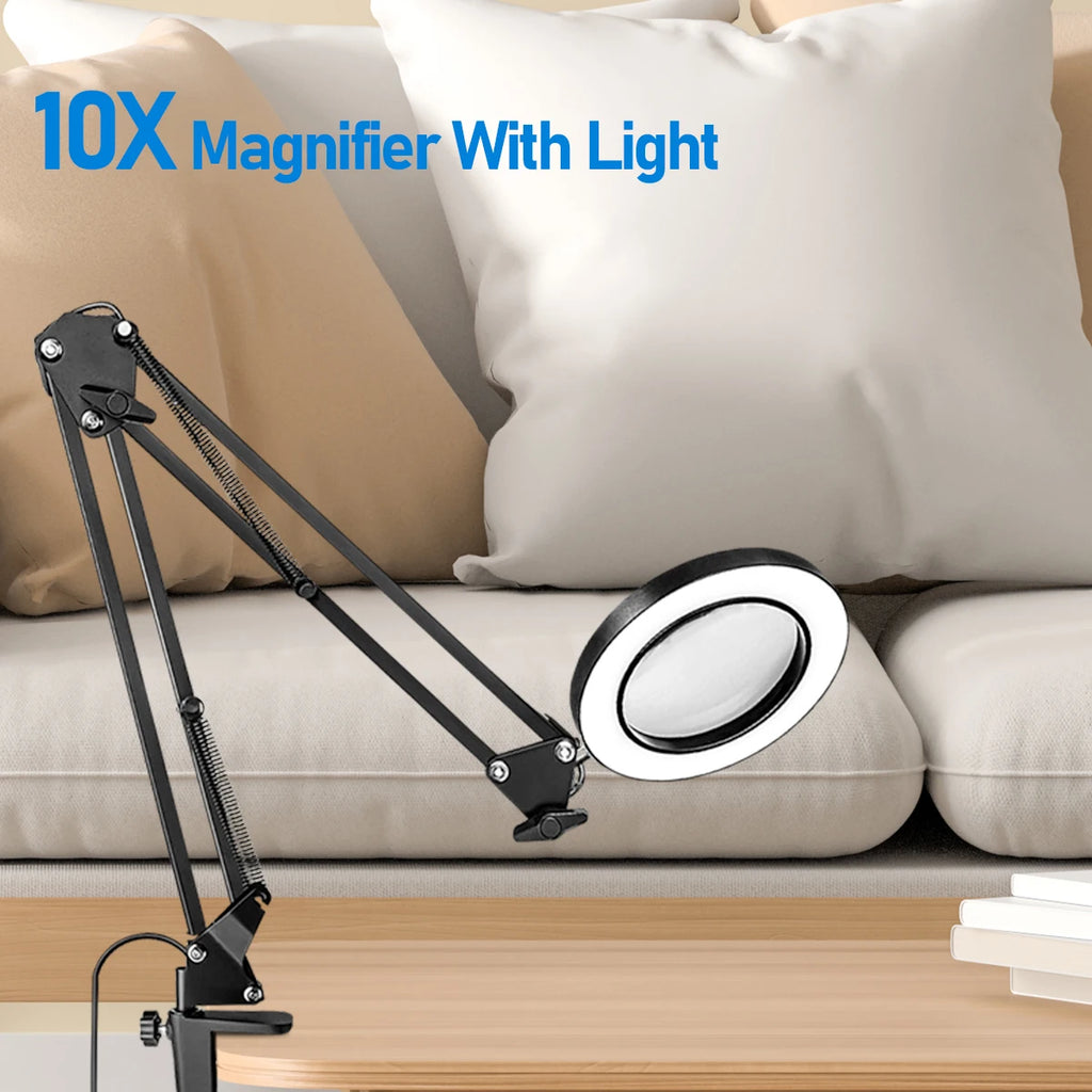 10X LED Magnifier Desk Lamp with Light and Clamp, 3 Color Modes Adjustable Swivel Arm- Magnifying Lamp for Close Work Reading
