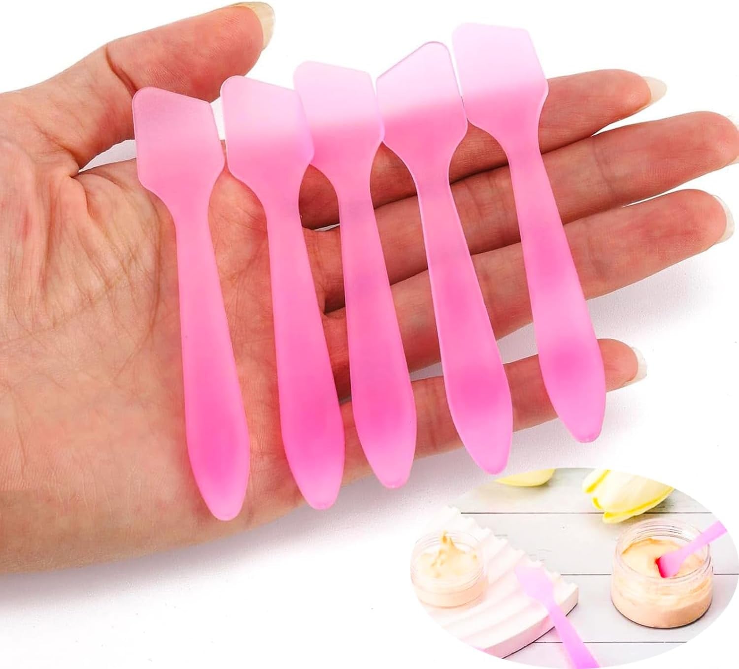 50Pcs Mini Disposable Makeup Spatulas for Face Mask Facial Cream, 50 Pack Plastic Tip Mini Cosmetic Spoon Tool for Skincare Mixing, Sampling, Waxing DIY Facial Mask Stick, Clear Pink Purple