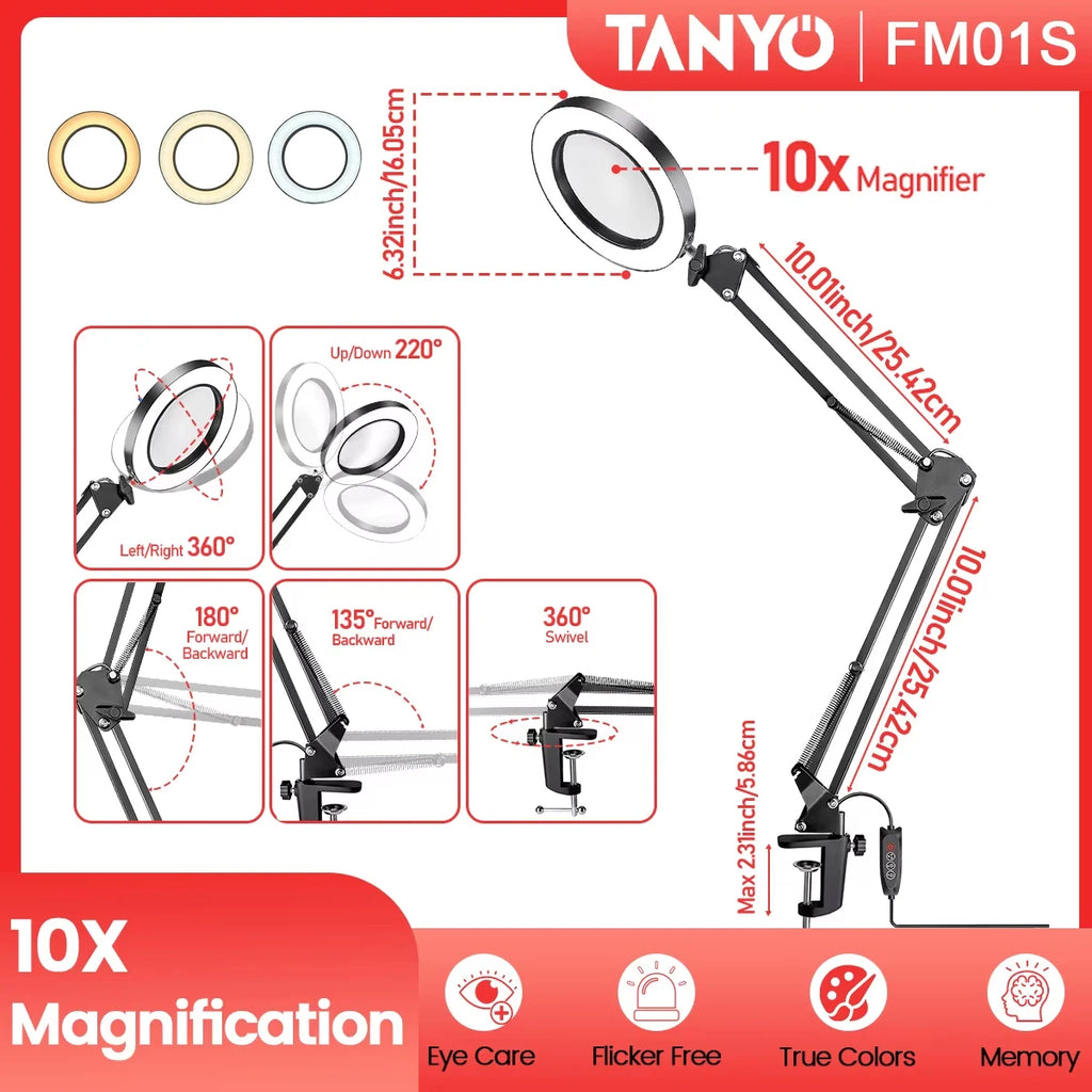 10X LED Magnifier Desk Lamp with Light and Clamp, 3 Color Modes Adjustable Swivel Arm- Magnifying Lamp for Close Work Reading