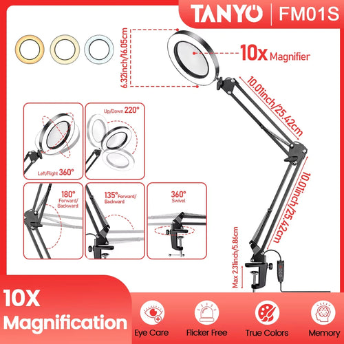 10X LED Magnifier Desk Lamp with Light and Clamp, 3 Color Modes Adjustable Swivel Arm- Magnifying Lamp for Close Work Reading