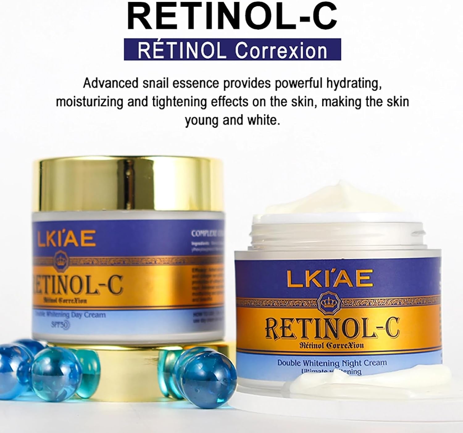 LKIAE Ultimate Retinol Day and Night Face Cream, Whitening, Anti-Aging, Reduce Wrinkles, Fine Lines, Moisturizing, with Spf 50+, Snail Extract, Collagen, 100 Ml