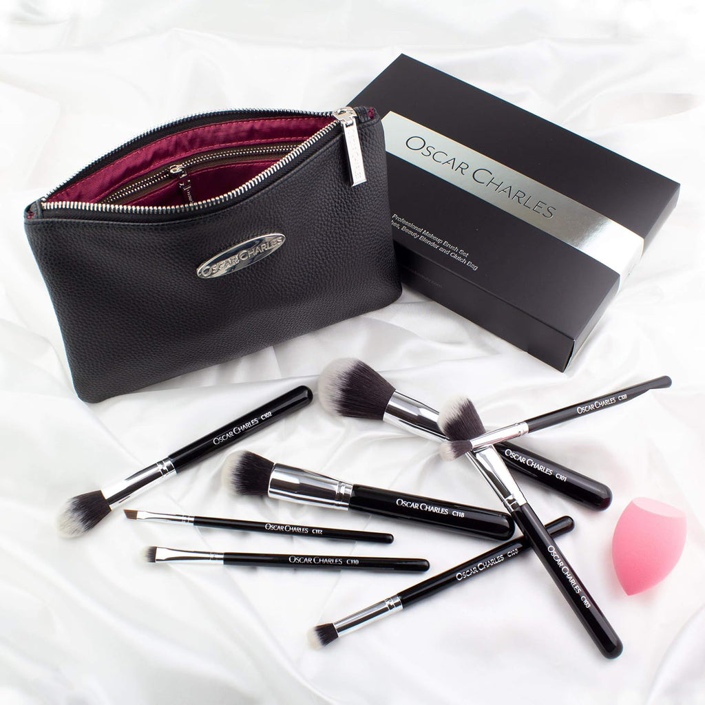 8-Piece Professional Makeup Brush Set with Beauty Sponge and Luxury Clutch Cosmetic Bag and Beautiful Gift Box - Silver