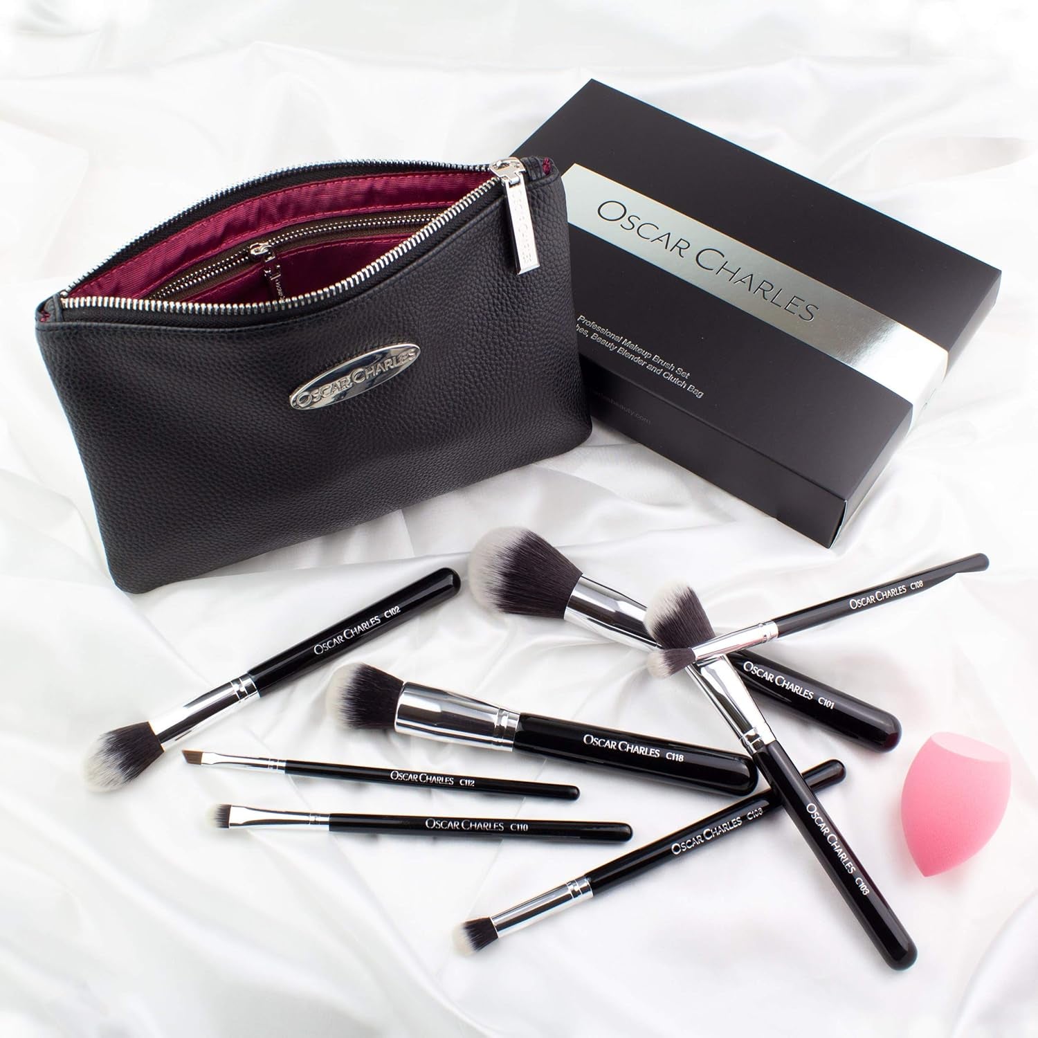 8-Piece Professional Makeup Brush Set with Beauty Sponge and Luxury Clutch Cosmetic Bag and Beautiful Gift Box - Silver