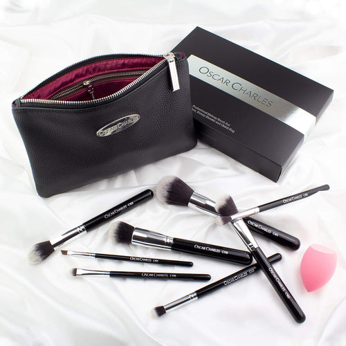 8-Piece Professional Makeup Brush Set with Beauty Sponge and Luxury Clutch Cosmetic Bag and Beautiful Gift Box - Silver
