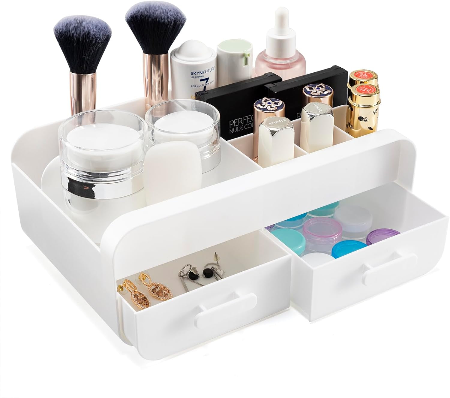 Makeup Organiser Makeup Organiser Storage Box Plastic Skincare Organiser White Make up Organiser Countertop Makeup Organizer Storage Drawers for Beauty Skincare Lotions Lipstick Jewellery (White)