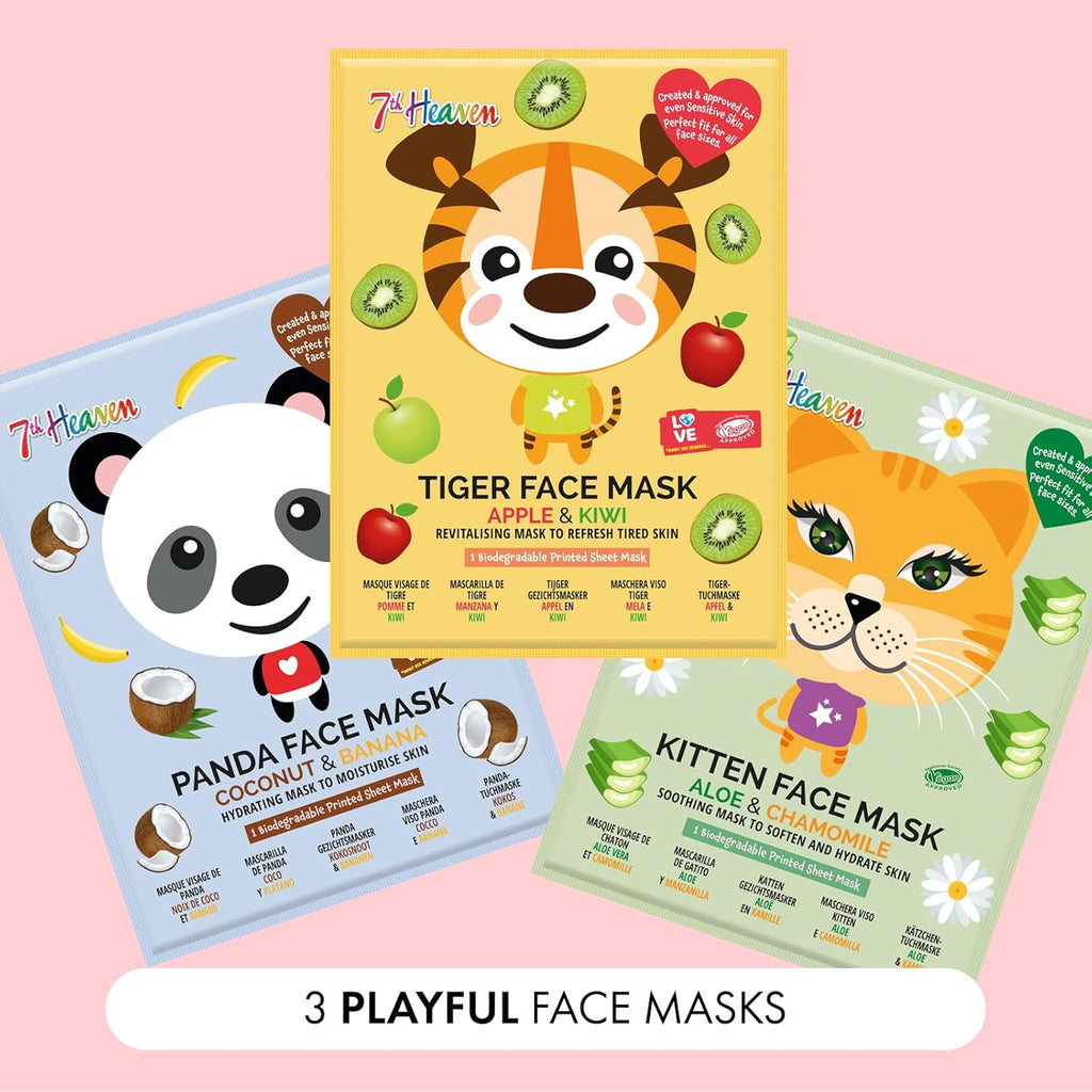 Animal Face Mask Multipack – Fun Skincare for Kids & Teens – Includes 3 Animal-Print Masks – Hydrating & Gentle for Sensitive Skin – Perfect for Sleepovers & Party Bags – Cruelty-Free