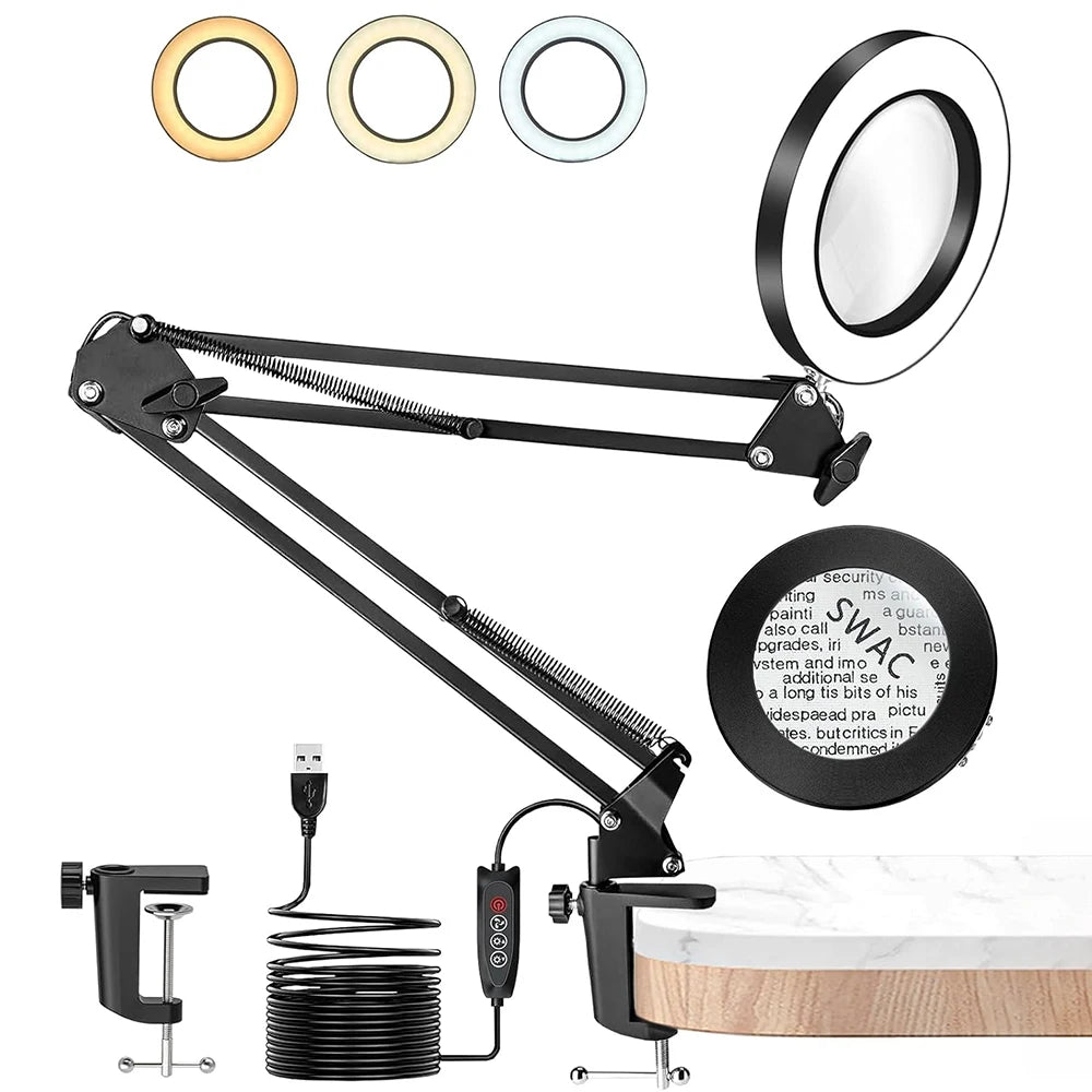 10X LED Magnifier Desk Lamp with Light and Clamp, 3 Color Modes Adjustable Swivel Arm- Magnifying Lamp for Close Work Reading
