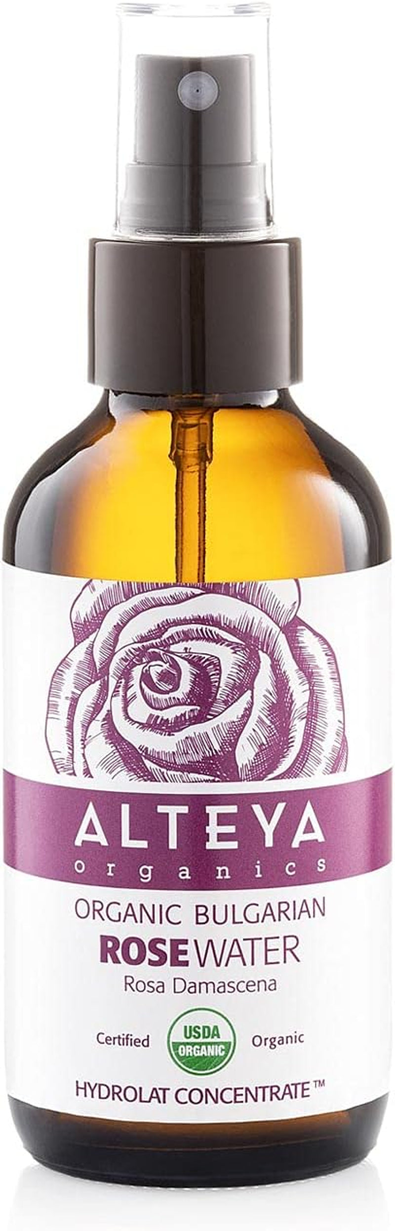 Alteya Organic Rose Water Spray 120Ml Glass - Pure Organic Rosa Damascena (Damask Rose) Hydrolat - USDA Certified Organic - Face Toner, Revitalizing Body, Condition Hair & Scalp