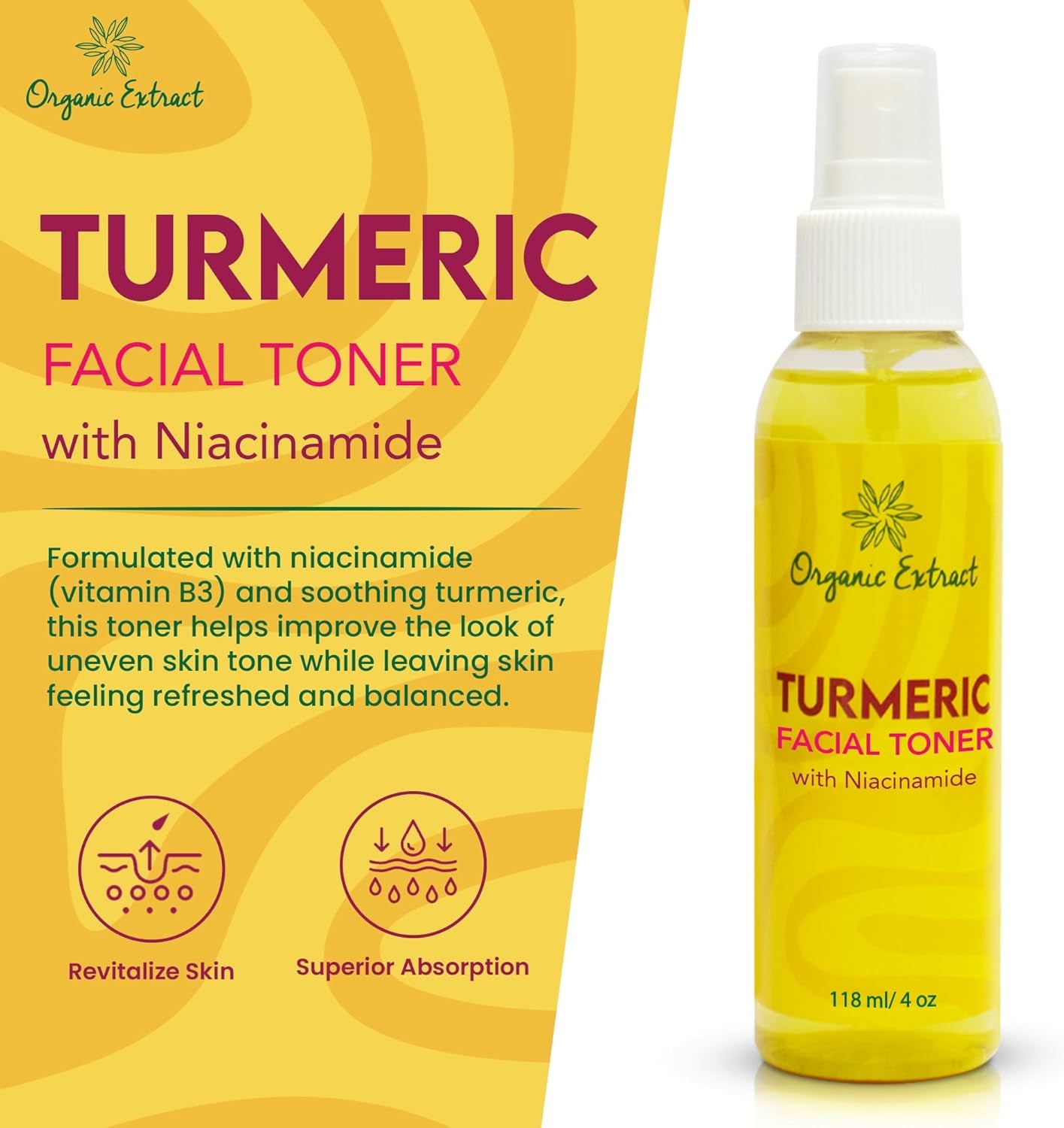 Turmeric Facial Toner - 4 Fl Oz / 118 Ml - Skin Brightening Face Toner, Gently Removes Impurities - Exfoliating, Hydrating Toner with Niacinamide, Glycerin, Aloe Vera