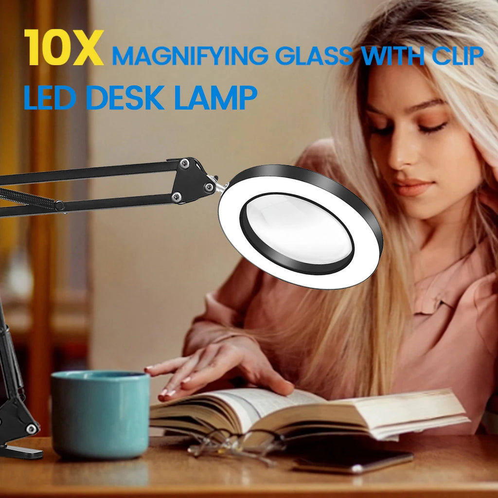 10X LED Magnifier Desk Lamp with Light and Clamp, 3 Color Modes Adjustable Swivel Arm- Magnifying Lamp for Close Work Reading