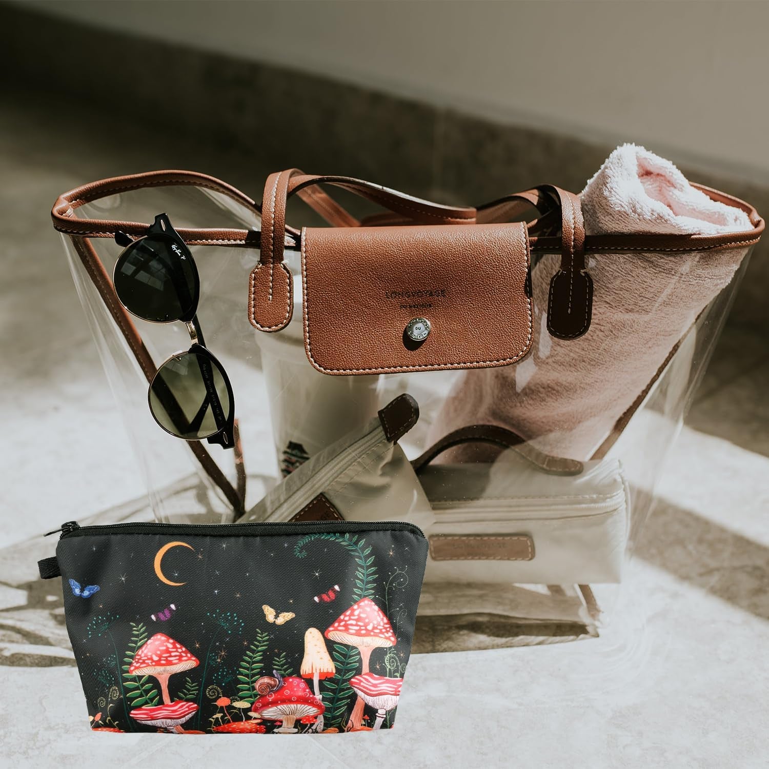 Women'S Cosmetic Bag - Adorable Sunflower Printed Zipper Pouch, Mushroom Colored Travel Makeup Organizer, Waterproof & Versatile for Everyday Use