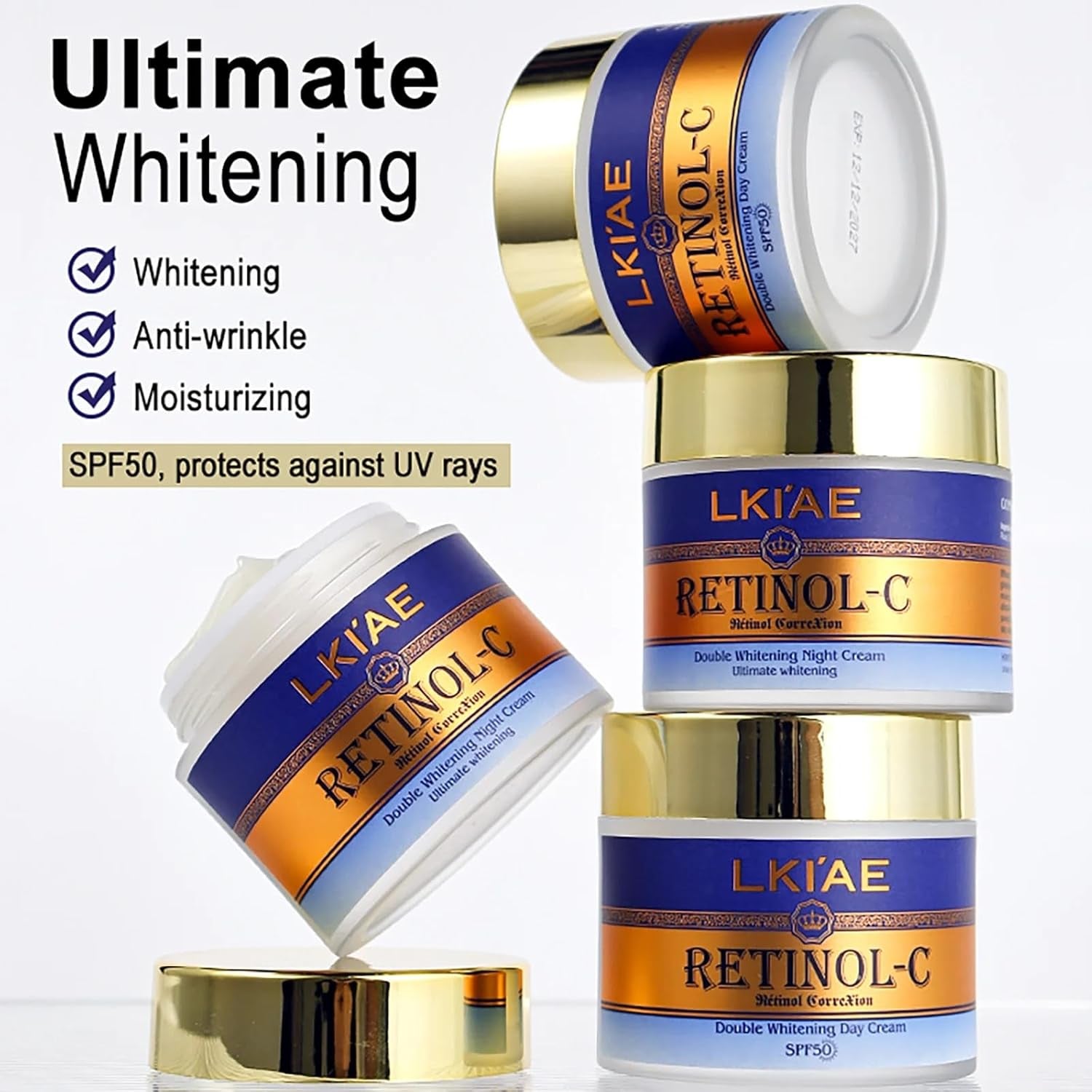 LKIAE Ultimate Retinol Day and Night Face Cream, Whitening, Anti-Aging, Reduce Wrinkles, Fine Lines, Moisturizing, with Spf 50+, Snail Extract, Collagen, 100 Ml