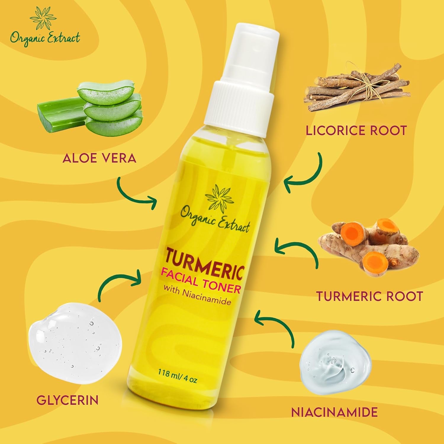 Turmeric Facial Toner - 4 Fl Oz / 118 Ml - Skin Brightening Face Toner, Gently Removes Impurities - Exfoliating, Hydrating Toner with Niacinamide, Glycerin, Aloe Vera