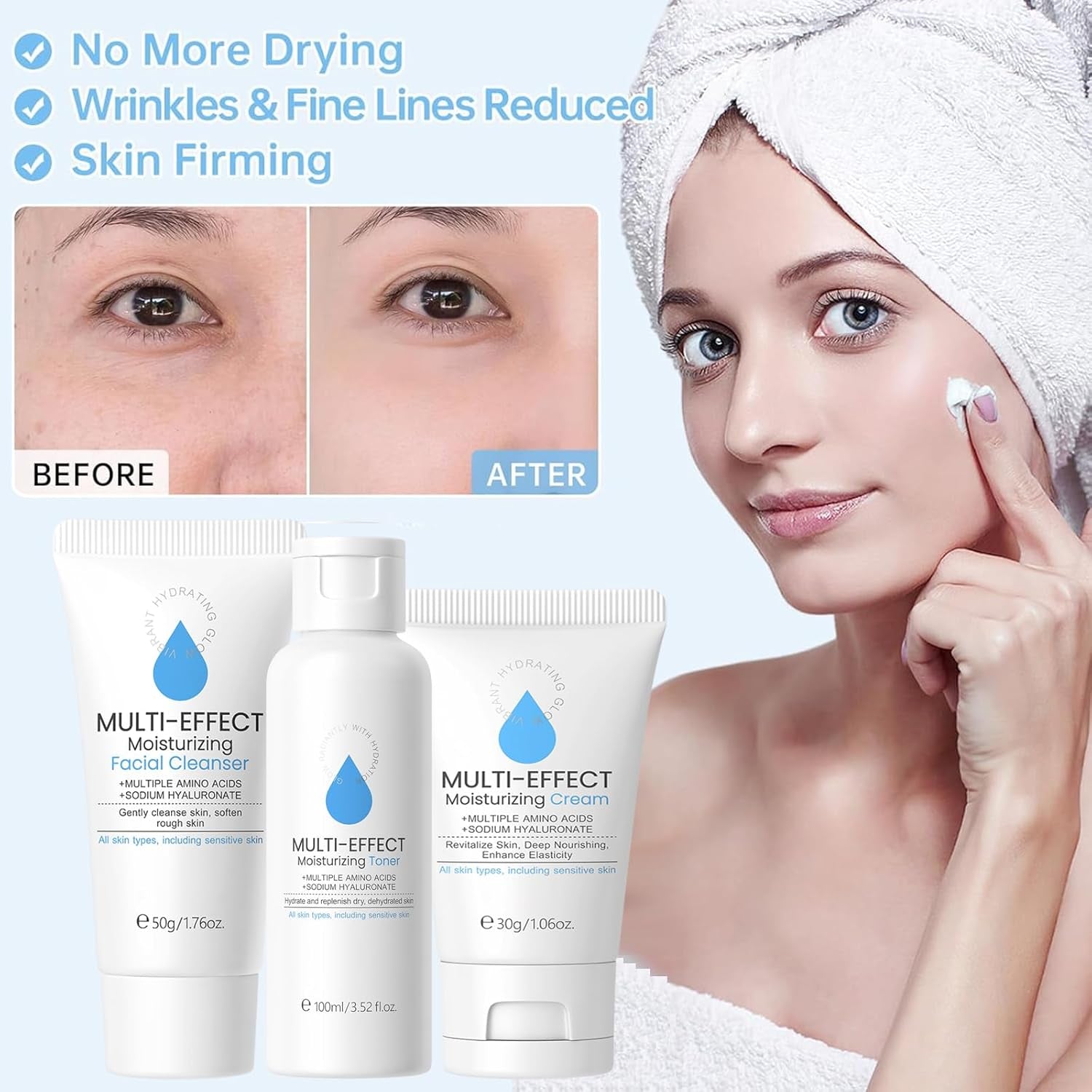 Hyaluronic Acid Skincare Set, Multi-Effect Moisturizing Skin Care Sets & Kits, Amino Acids Women Beauty Gift Sets, Skin Care for Teenage Girls with Cleanser, Toner, Cream, Anti-Wrinkle and Oil Control