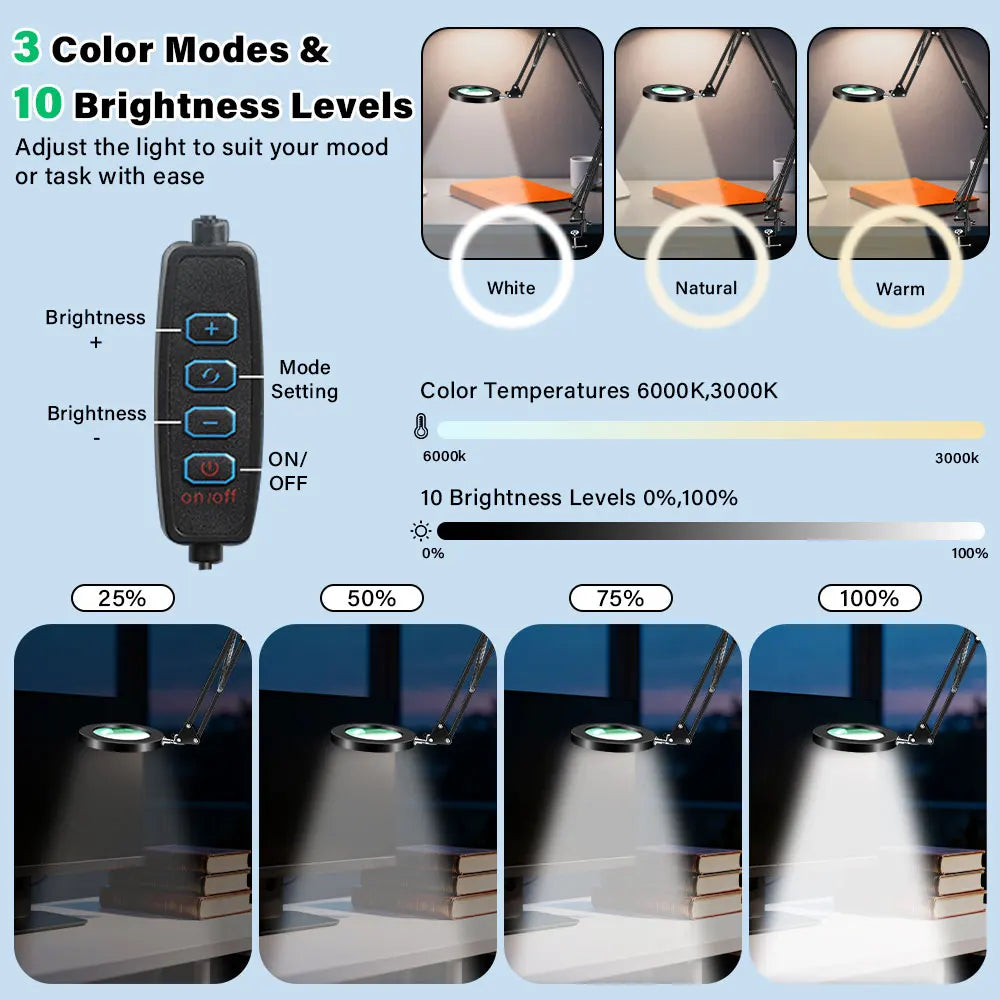 Upgrade 3-Segment Folding Magnifying Glass Lamp with 3 Color Adjust LED Lights Reading Table Lamp for Welding Repair Close Work