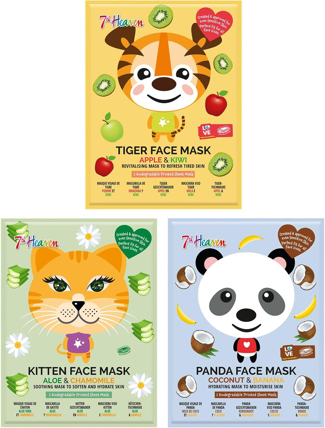 Animal Face Mask Multipack – Fun Skincare for Kids & Teens – Includes 3 Animal-Print Masks – Hydrating & Gentle for Sensitive Skin – Perfect for Sleepovers & Party Bags – Cruelty-Free