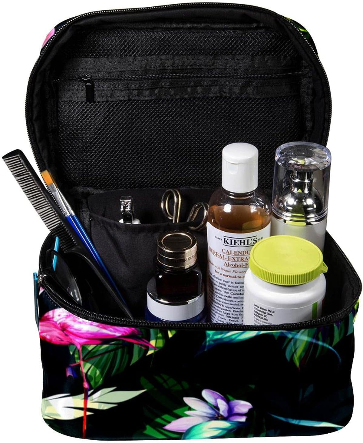 Flamingo Leaves Toiletry Travel Organizer Cosmetic Bag for Women